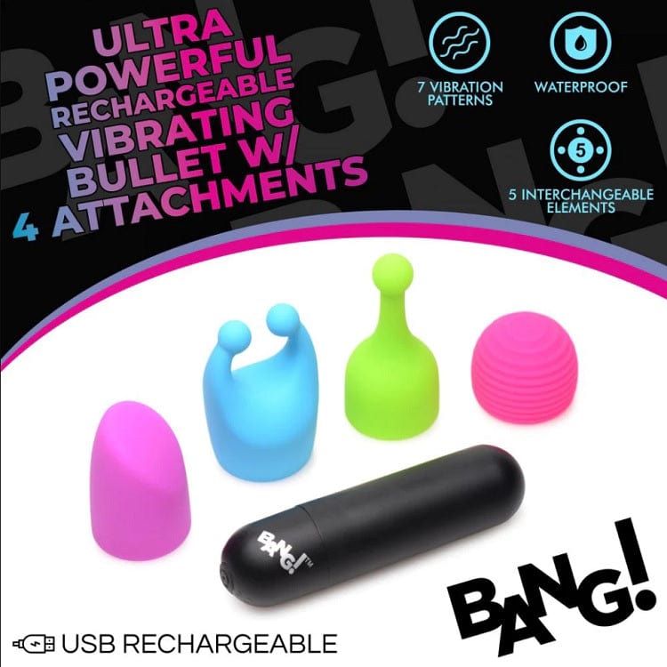 Bang - Rechargeable Bullet With 4 Glow In The Dark Attachments - This powerful rechargeable bullet comes with 4 glow in the dark attachments that each add a uniquely stimulating sensation to the mix! The powerful bullet itself has 7 different vibration patterns and is fully rechargeable.