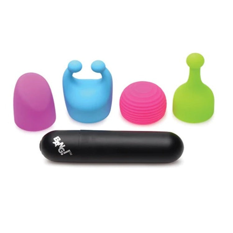 Bang - Rechargeable Bullet With 4 Glow In The Dark Attachments - This powerful rechargeable bullet comes with 4 glow in the dark attachments that each add a uniquely stimulating sensation to the mix! The powerful bullet itself has 7 different vibration patterns and is fully rechargeable. 