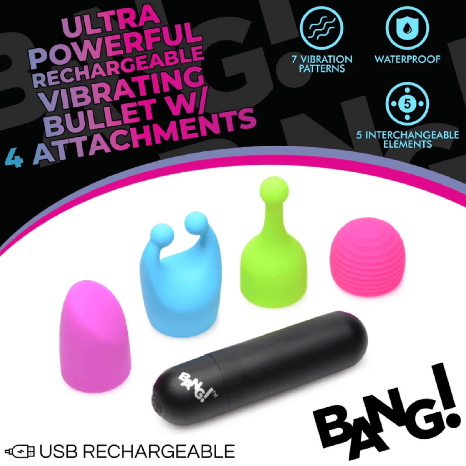 Bang Rechargeable Bullet With 4 Glow In The Dark Attachments - Bossy Lingerie Boutique