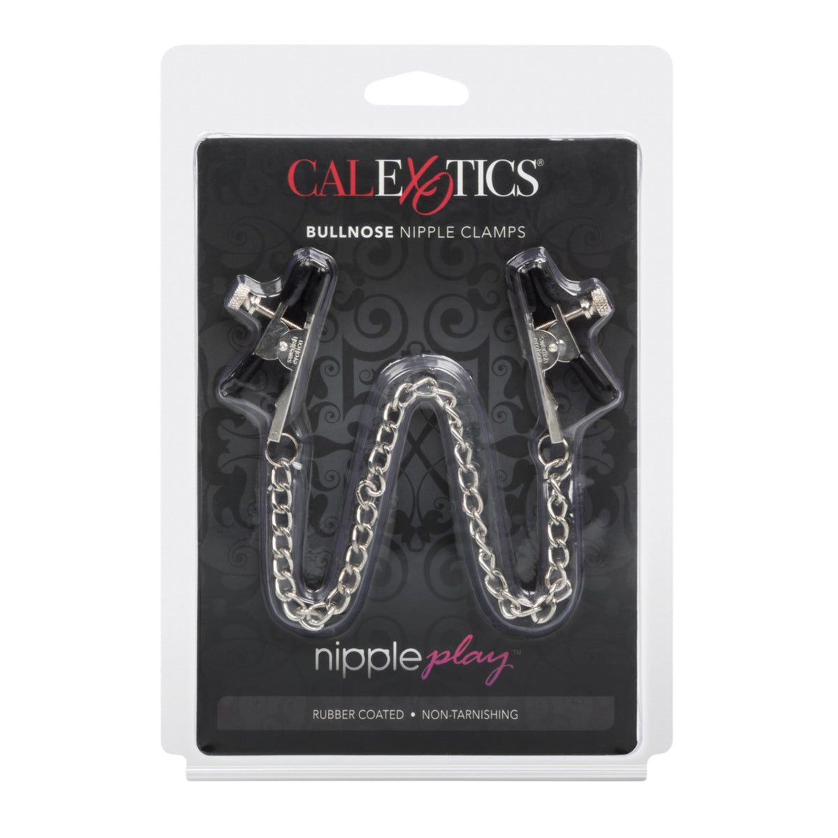 Calexotics Easy to use Bull Nose Nipple Clamps. Fully adjustable. Black Tips. Designed for Ultimate pleasure. High Quality Nickel Free Iron (chain &amp; clamps)