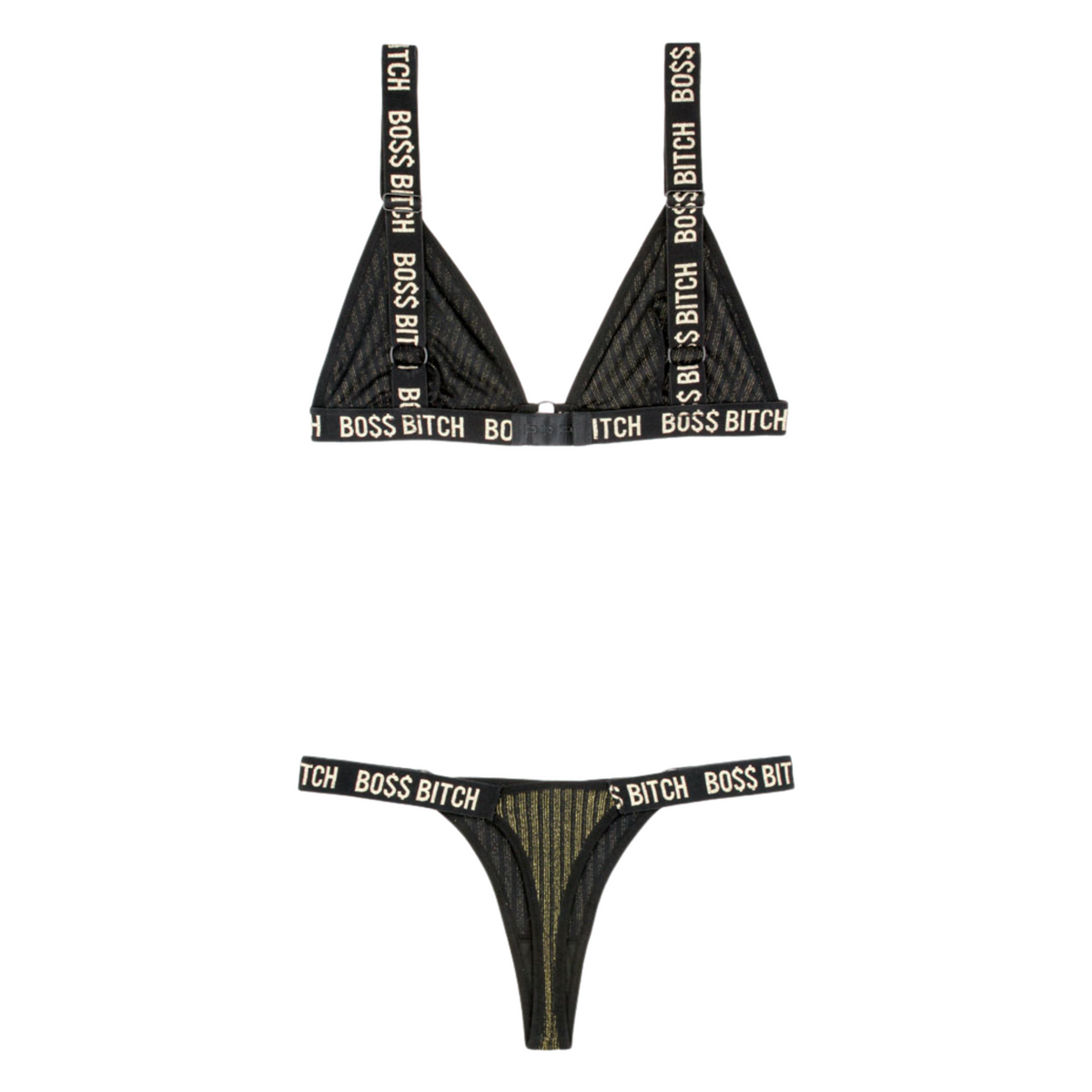 Fantasy Lingerie Brand Boss Bitch Black With Gold Metallic Bralette And Thong Set. Highlights your hottest assets. Big Thick Boss Bitch Straps. Comfortable Matching Thong.