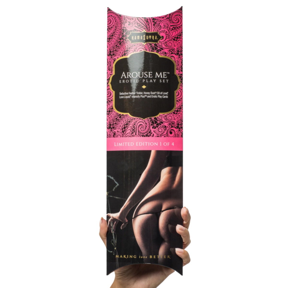 Kama Sutra 6 Piece Playful Erotic Bondage Kits For Couples that want to spice up your sex life with playful romantic and sexy fun. Included is a tickler that you can use as a spanker or tickler. Compact discreet packaging.