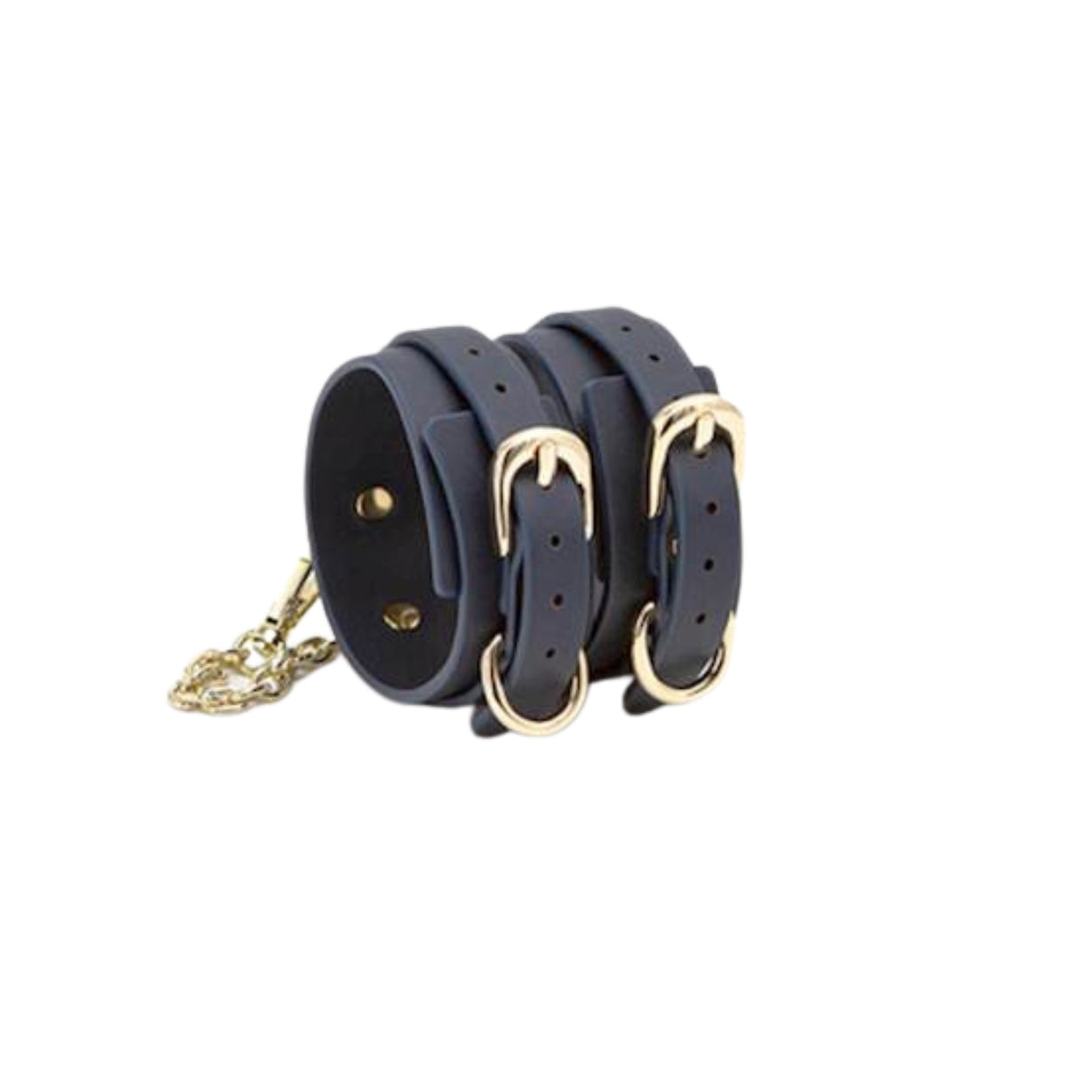 Navy Bondage Couture Bondage Ankle Cuffs With Gold Chain &amp; Buckles.