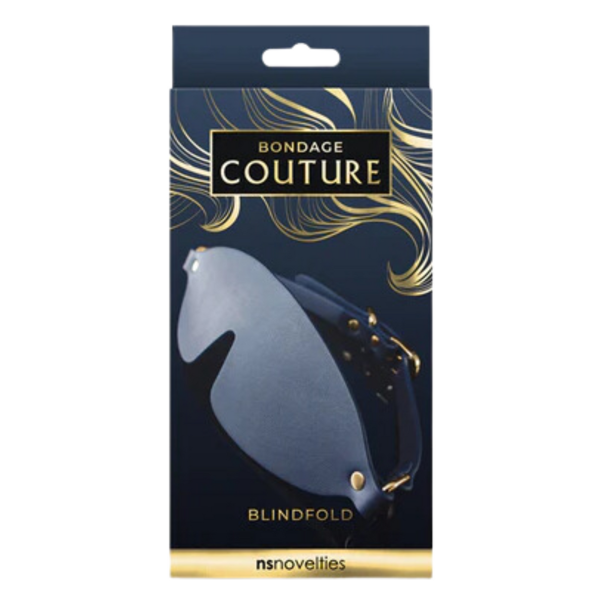 NS Novelties Navy Couture Blind Fold. Perfect for bondage beginners and for sensory play and light bondage exploring. Packaging has all the directions you need for the best use and care.