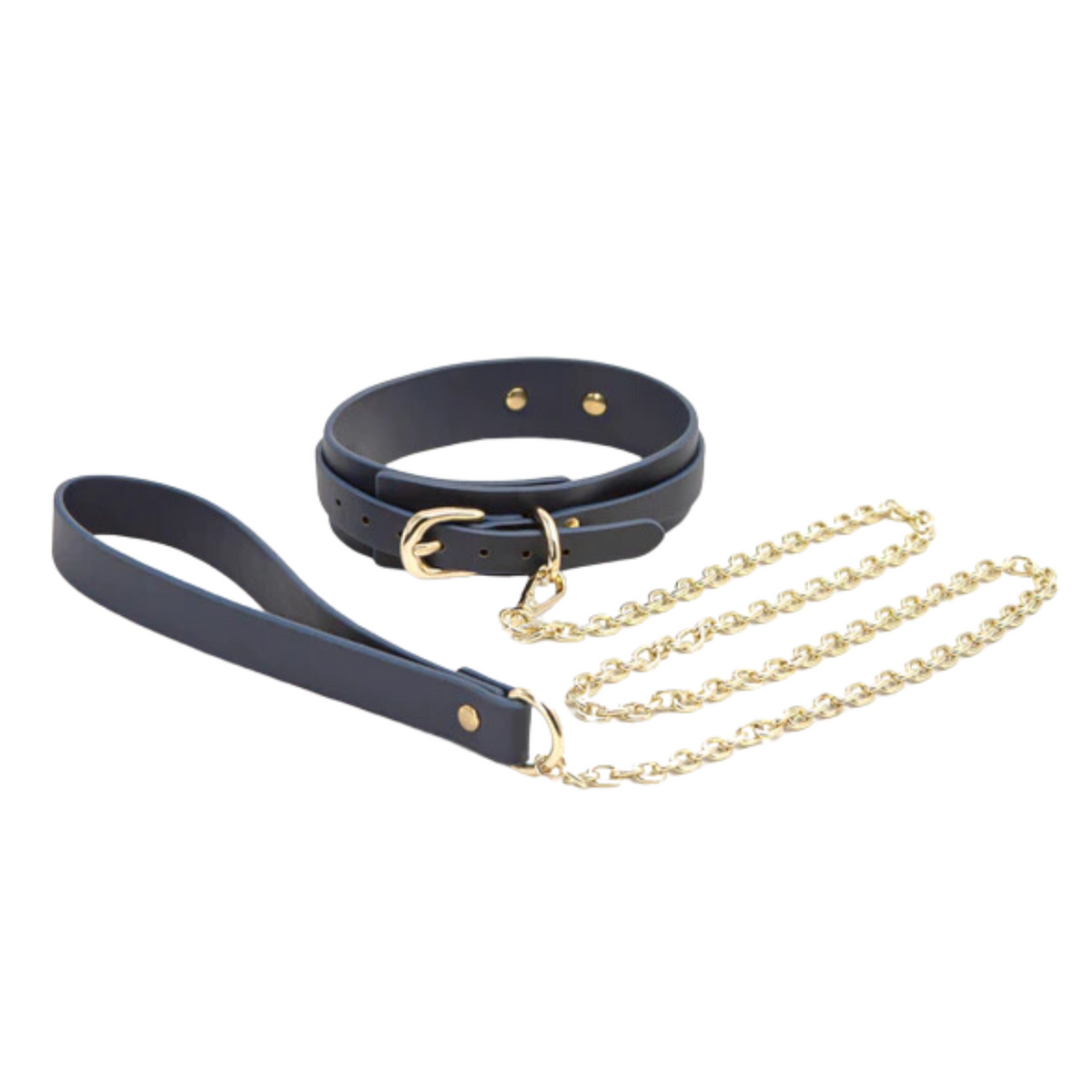 NS Novelties Navy Bondage Collar And Leash Set. With Gold Buckle And Chain