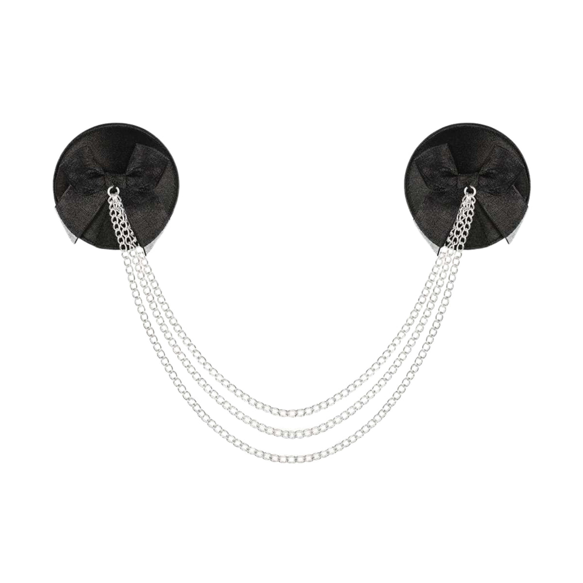 Obsessive Lingerie Reusable Black Nipple Pasties With Attached Silver Chain. Nipple Pasties covers have black organza / ribbon bows.