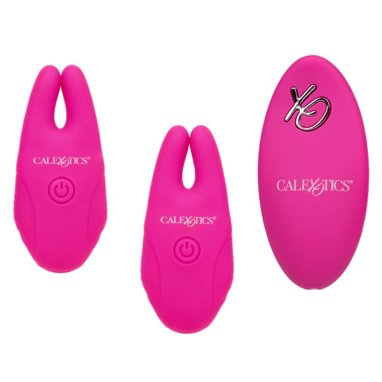 Pink Silicone Remote Control Nipple Clamps - Blur the borders between pleasure and pain even further with the game-changing Silicone Remote Nipple Clamps. This daring designer nipple clamp features 12 independently controlled functions of vibration and a remote control, clamp these multi-use teasers to your body and enjoy every rush of stimulation. 