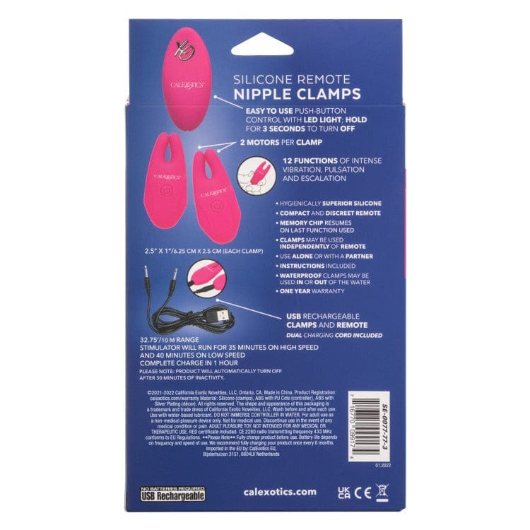 Pink Silicone Remote Control Nipple Clamps - Blur the borders between pleasure and pain even further with the game-changing Silicone Remote Nipple Clamps. This daring designer nipple clamp features 12 independently controlled functions of vibration and a remote control, clamp these multi-use teasers to your body and enjoy every rush of stimulation.