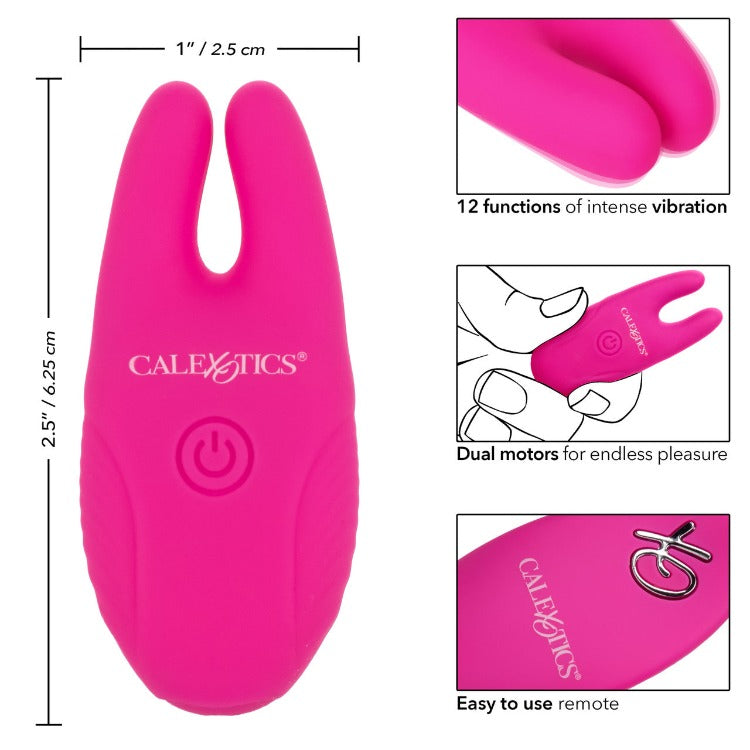 Pink Silicone Remote Control Nipple Clamps - Blur the borders between pleasure and pain even further with the game-changing Silicone Remote Nipple Clamps. This daring designer nipple clamp features 12 independently controlled functions of vibration and a remote control, clamp these multi-use teasers to your body and enjoy every rush of stimulation.