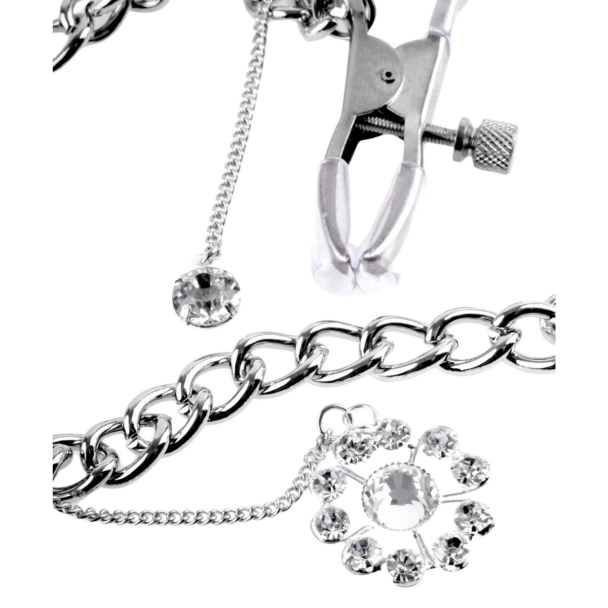 Pipedream Beginner - Style Crystal Nipple Clamps. Made with durable metal clips and covered with soft rubber liners with elegant crystals and durable.