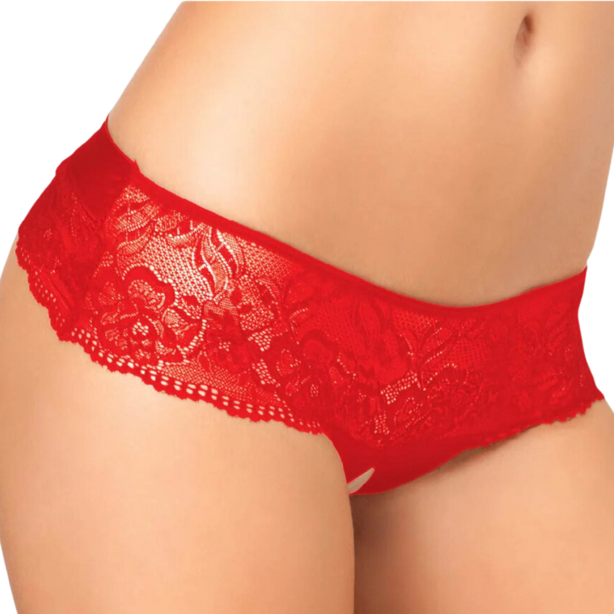 Rene Rofe All Wrapped Up Crotchless Panty with large back bow. Ultra comfortable with stretchy lace fabric available in black and red and in sizes small, medium &amp; large. Adds a touch of sexiness for anyone wearing this.