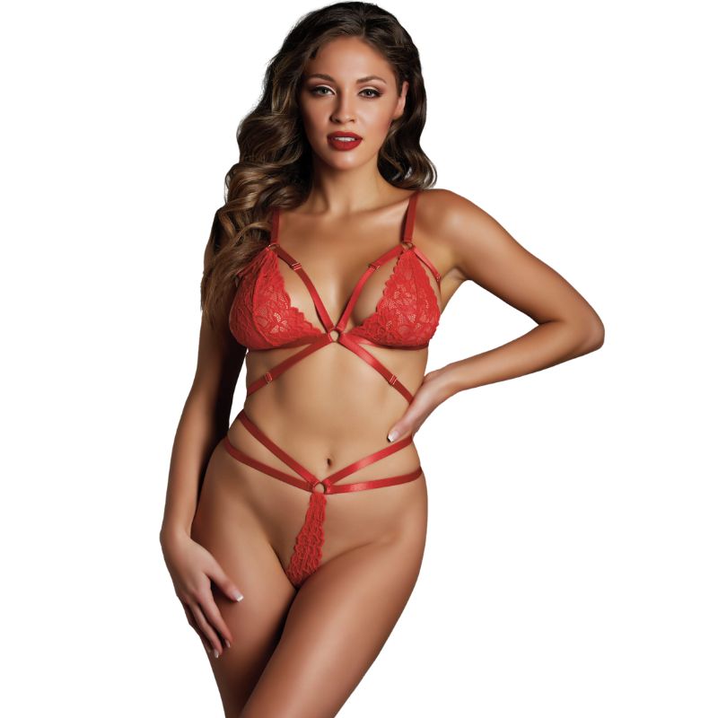 The Flame Strappy Red Lace Bra And Thong Set - Bossy Lingerie Boutique