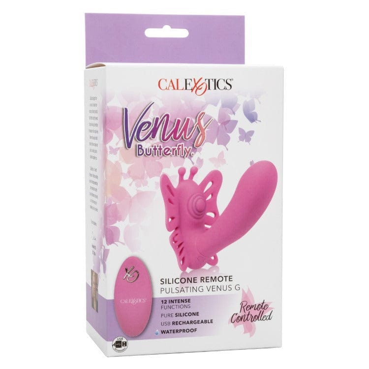 Venus Butterfly Silicone Remote Pulsating Venus G - The now world-famous Venus Butterfly collection has done it again with a sensually thumping probe and 12 intense functions of vibration. Spread your wings and tease on-the-go with the ravishing remote control range of up to 32.5 feet away! While the sensually curved vibrator delivers knee-shaking g- spot stimulation.