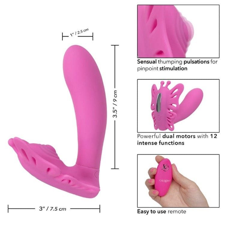 Venus Butterfly Silicone Remote Pulsating Venus G - The now world-famous Venus Butterfly collection has done it again with a sensually thumping probe and 12 intense functions of vibration. Spread your wings and tease on-the-go with the ravishing remote control range of up to 32.5 feet away! While the sensually curved vibrator delivers knee-shaking g- spot stimulation.