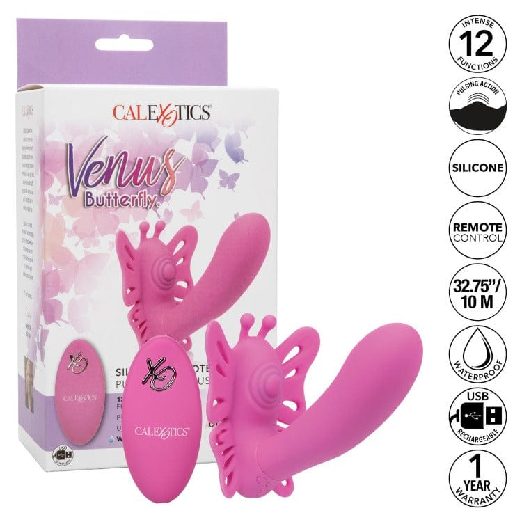 Venus Butterfly Silicone Remote Pulsating Venus G - The now world-famous Venus Butterfly collection has done it again with a sensually thumping probe and 12 intense functions of vibration. Spread your wings and tease on-the-go with the ravishing remote control range of up to 32.5 feet away! While the sensually curved vibrator delivers knee-shaking g- spot stimulation.