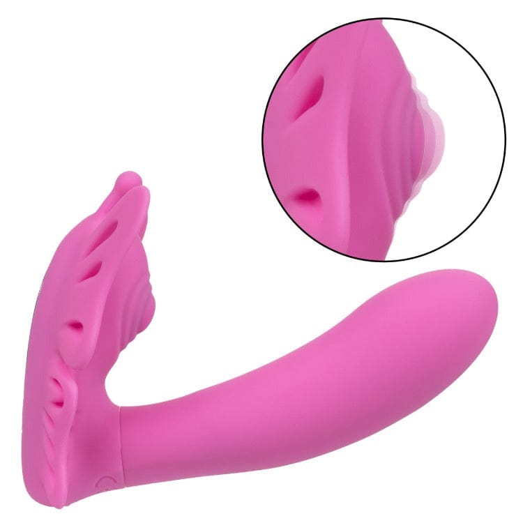 Venus Butterfly Silicone Remote Pulsating Venus G - The now world-famous Venus Butterfly collection has done it again with a sensually thumping probe and 12 intense functions of vibration. Spread your wings and tease on-the-go with the ravishing remote control range of up to 32.5 feet away! While the sensually curved vibrator delivers knee-shaking g- spot stimulation.