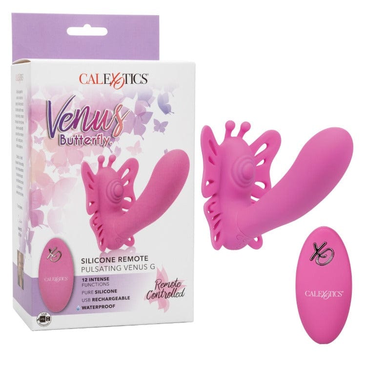 Venus Butterfly Silicone Remote Pulsating Venus G - The now world-famous Venus Butterfly collection has done it again with a sensually thumping probe and 12 intense functions of vibration. Spread your wings and tease on-the-go with the ravishing remote control range of up to 32.5 feet away! While the sensually curved vibrator delivers knee-shaking g- spot stimulation.