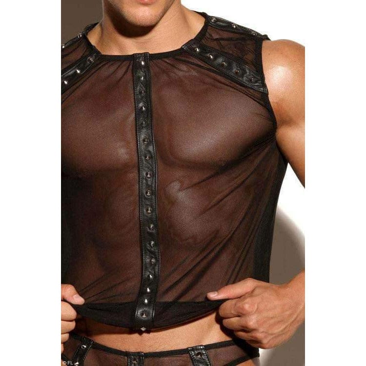 LEATHER &amp; MESH STUDDED TOP (S).