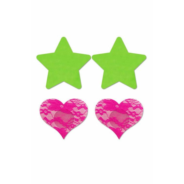 Neon Green Solid Star &amp; Neon Pink Lace Heart Pasties Set