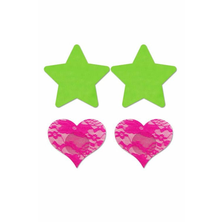 Neon Green Solid Star & Neon Pink Lace Heart Pasties Set - Bossy Lingerie Boutique