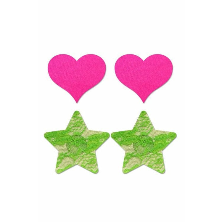 Neon Pink Satin Heart &amp; Green Lace Star Nipple Pasties