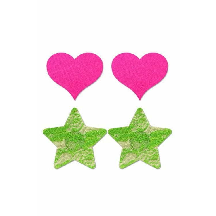 Neon Pink Satin Heart & Green Lace Star Nipple Pasties - Bossy Lingerie Boutique