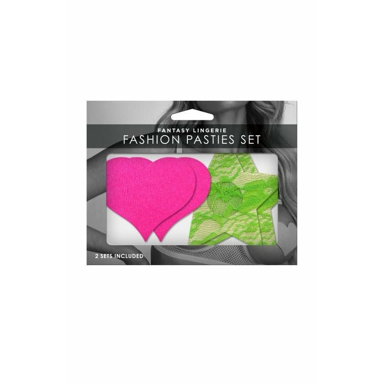 Neon Pink Satin Heart &amp; Green Lace Star Nipple Pasties